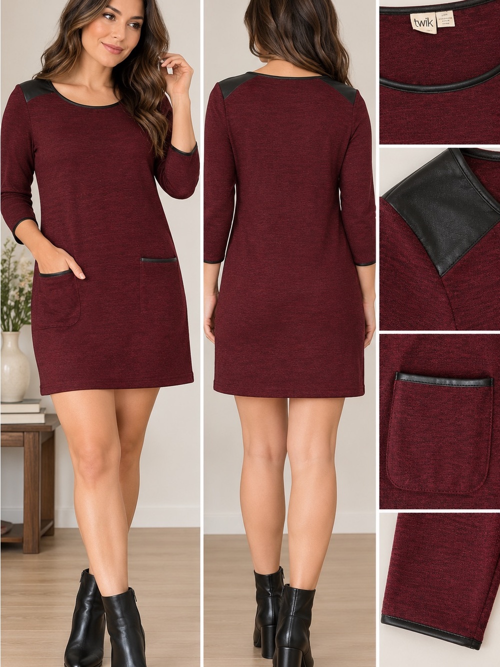 TWIK Burgundy Knit Dress Black Leather-Look Accents & Pockets Medium 18PTP 32L